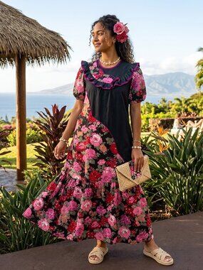 Vintage 70's Boho Rim floral Hawaii Muumuu Mod ruffle Tiered maxi dress 10